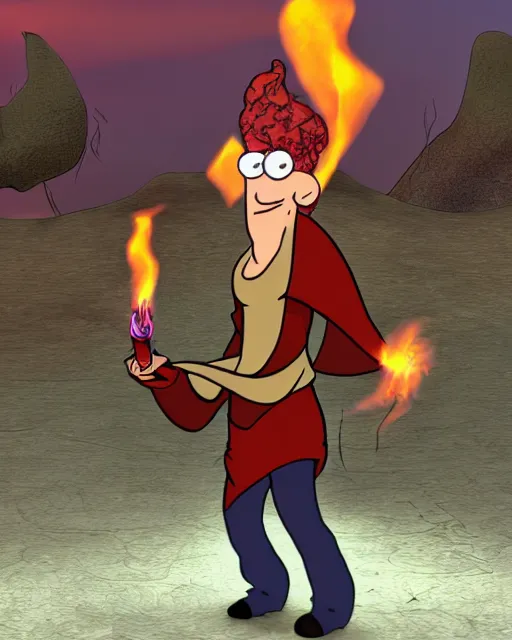 Image similar to squidward tentacles wearing fire nation clothing and practicing firebending outside at susnset. volumetric lighting