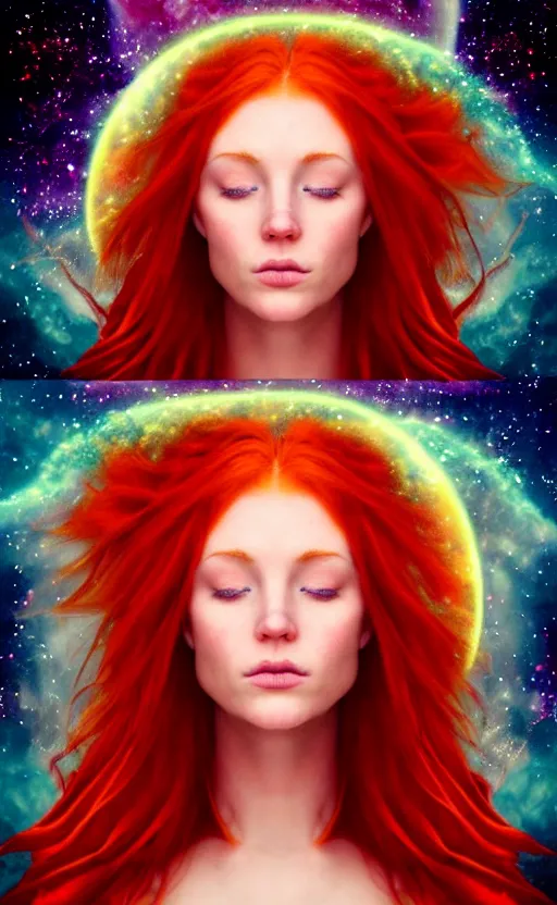 Image similar to space astral portrait of a beautiful girl, red hair, ginger hair, fantasy, glowing skin, smooth face, perfect eyes, half body shot, tarot card