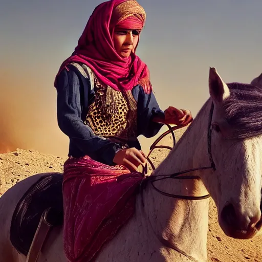 Image similar to ultra - photorealistic, middle eastern woman driving horse and handling weapon, dust, yellow cinematic, 4 k, 8 0 0 mm, uhd, vogue, winning photo of the year, sharp focus, intricate, hyperdetailed