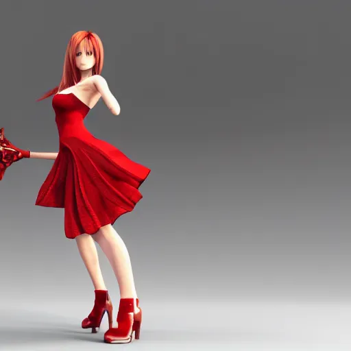 Image similar to epic scene of very attractive final fantasy vii female character, detail face, lovely eyes and detailed lips, with amazing detail red dress, feet in high heels, side view ) ( fighting ) hyper realistic 3 d render, art station, particles, epic scene, mucha, clouds, seductive jump pose, blur focus, action,