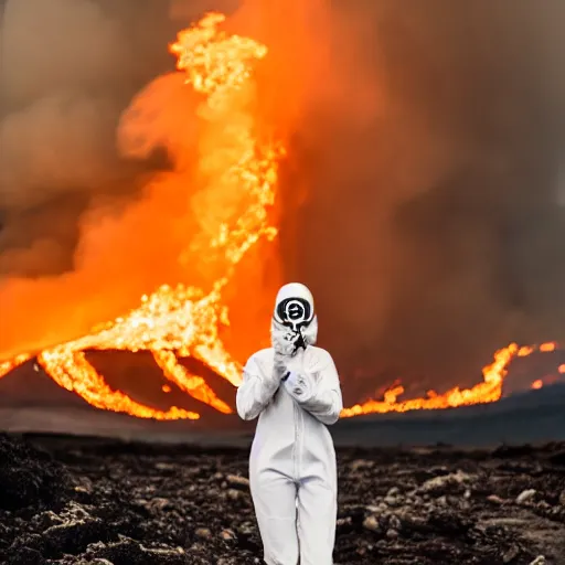 Image similar to white woman suit with gasmask, standing close to volcano, fire raining, professional photography, black and white, cinematic, eerie