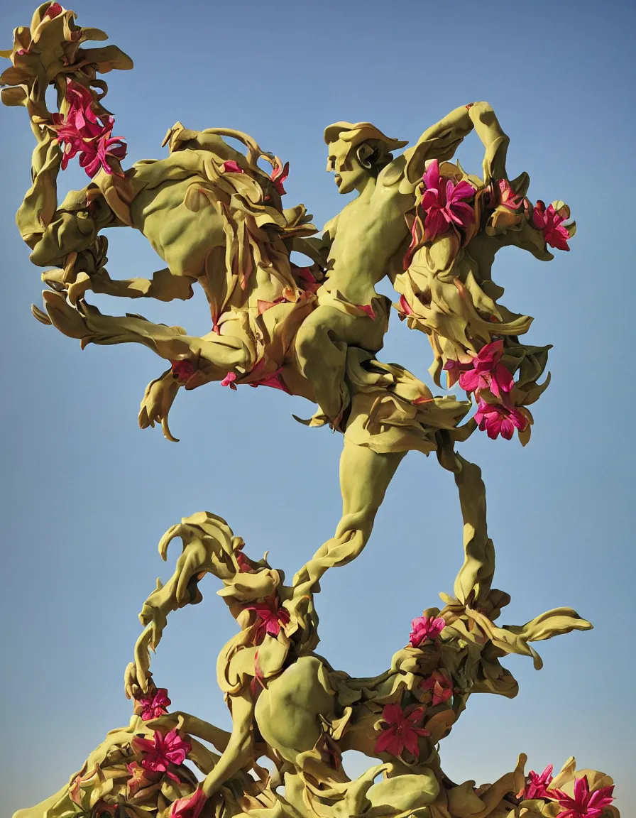 Image similar to a cowboy turning into blooms by slim aarons, by zhang kechun, by lynda benglis, by frank frazetta. tropical sea slugs, angular sharp tractor tires. bold complementary vivid colors. warm soft volumetric light. 8 k, 3 d render in octane. a manly cowboy riding wild flowers sculpture by antonio canova. jade green