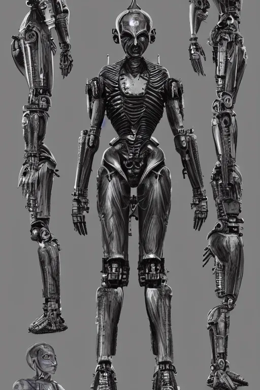 Image similar to andriod hindu goddess with gunmetal grey skin, medical anatomy, very symmetrical face, highly detailed, japanese mecha, three - perspective / three - view reference sheet ( front / back / side ), in the style of dan ouellette, dren from splice, hr giger, sil from species, artstation, unreal engine