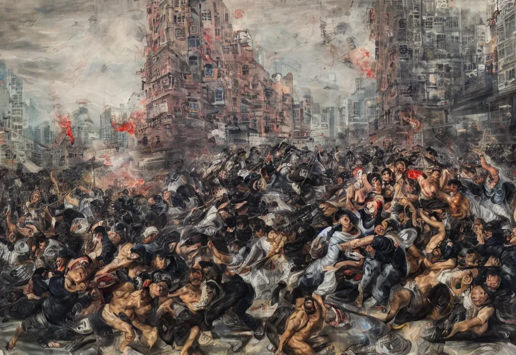 Image similar to 2 0 2 1 hong kong riot portrait by peter paul rubens. city buildings in the background.