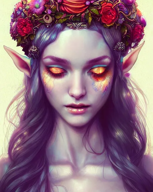 Image similar to digital art, centered head of elven bride with short hair, vivid flower crown ,body made with intricate roots, by James Jean and by artgerm, by ross tran , ultradetailed, charachter design, concept art, trending on artstation,