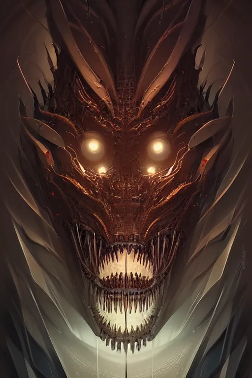 Image similar to professional concept art portrait of a terrifying! mechanical predatory! fractal! species in a dark room by artgerm and greg rutkowski. an intricate, elegant, highly detailed digital painting, concept art, smooth, sharp focus, illustration, in the style of cam sykes.