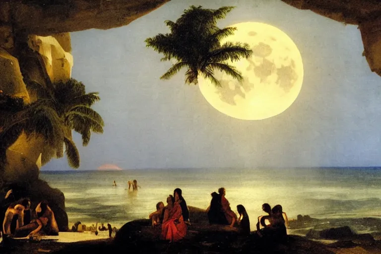 Image similar to The giant greek arch, refracted moon on the ocean, thunderstorm, greek pool, beach and Tropical vegetation on the background major arcana sky and occult symbols, by paul delaroche, hyperrealistic 4k uhd, award-winning, very detailed paradise