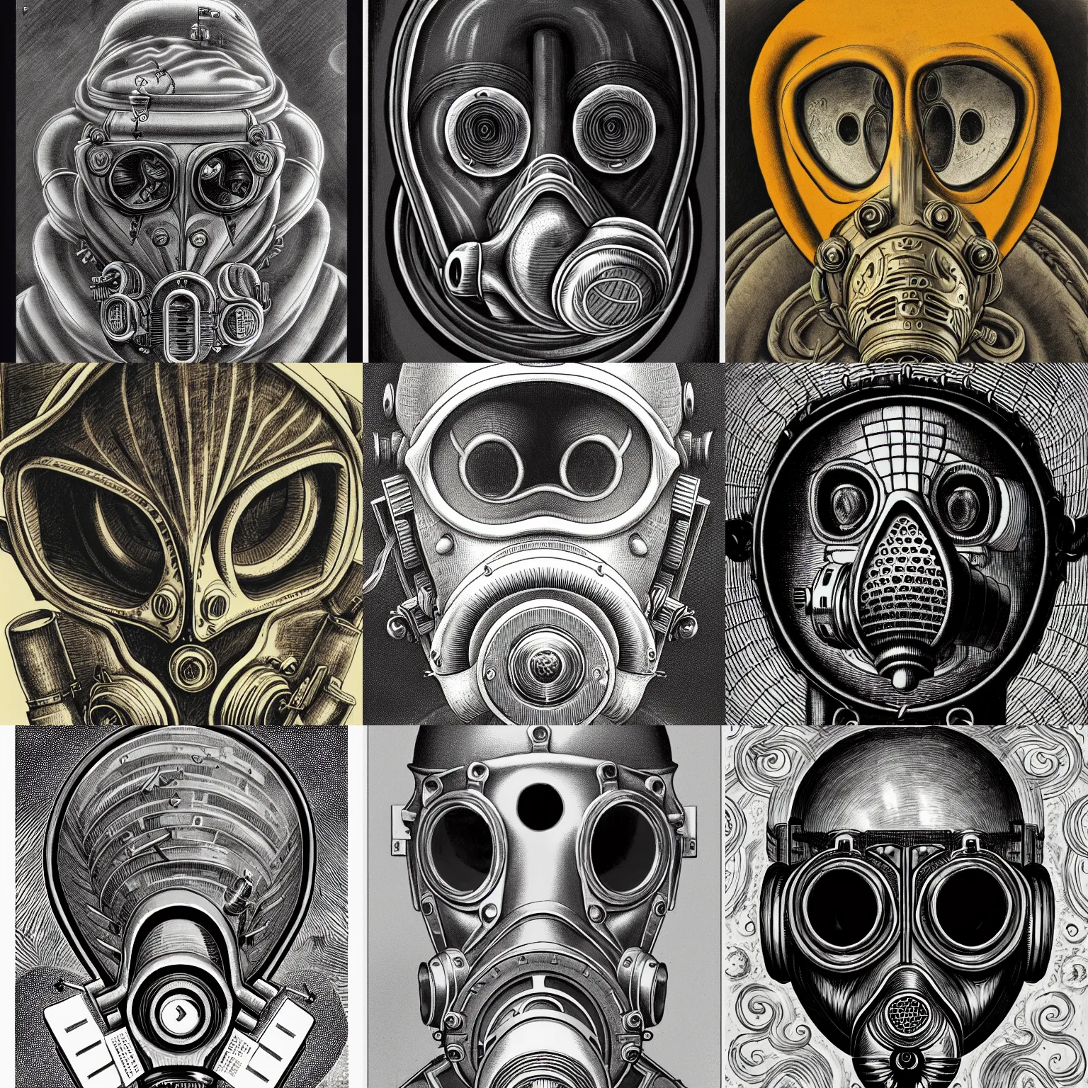 Prompt: a detailed image of an ornate gas mask in the style of escher and william blake and stephen gammell in the style of dark fantasy, 8 k