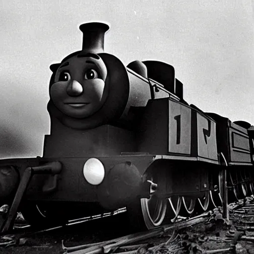 Image similar to WW2 era photograph of a rail artillery with Thomas the Tank Engine's face