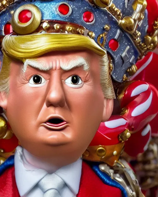 Prompt: highly detailed closeup, face profile portrait of a tin toy donald trump as a fairytale king hemry the eighth wearing a crown and eating cakes, depth of field, nicoletta ceccoli, mark ryden, lostfish, max fleischer, breathtaking, detailed and intricate environment, 8 k resolution, hyperrealistic, octane render