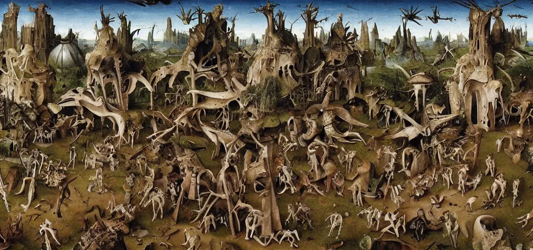 Prompt: Skeletons walking through the garden of earthly delights with plants and dinosaurs in the background, broken columns and bones scattered on the ground, hyper-surrealism, highly detailed and intricate matte painting by Max Ernst, Hieronymus Bosch and Giuseppe Arcimboldo