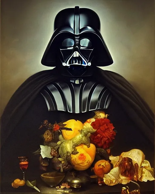 Prompt: refined gorgeous blended oil painting with black background by christian rex van minnen rachel ruysch dali todd schorr of a chiaroscuro portrait of darth vader dutch golden age vanitas intense chiaroscuro cast shadows obscuring features dramatic lighting perfect symmetry perfect composition masterpiece