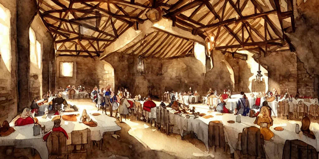 Prompt: medieval dining hall, exquisite sharp masterpiece watercolor painting, trending on artstation