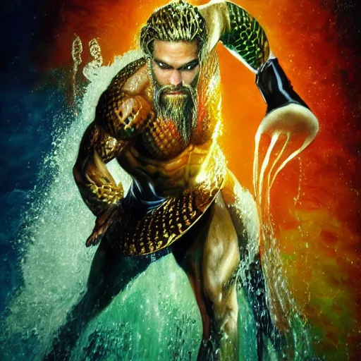 Prompt: intricate five star portrait of aquaman boxing the jellyfish man, oil on canvas, hdr, high detail, photo realistic, hyperrealism, matte finish, high contrast, 3 d depth, centered, masterpiece, vivid and vibrant colors, enhanced light effect, enhanced eye detail, artstationhd