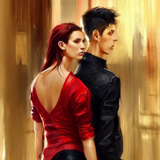 Prompt: adult pair of twins, male and female, arrogant, urban fantasy, half portrait, urban background, highly detailed, digital painting, artstation, concept art, sharp focus, smooth, art by livia prima and magali villeneuve, elegant red black and gold clothing