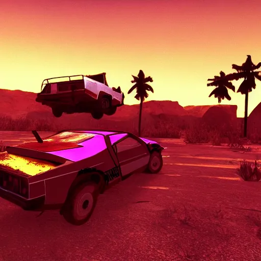 Prompt: wasteland hotline miami desert apocalypse car wasteland war destroyed wide shot landscape nuke fire craters end of the world miami beach sunset palm trees 80s delorean unreal engine dark style