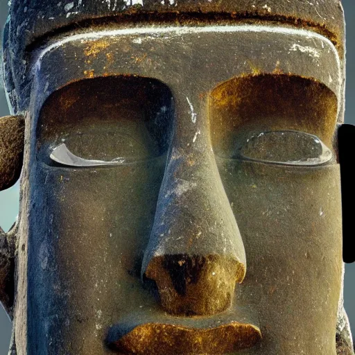 Image similar to a high detail photo of a moai wearing headphones