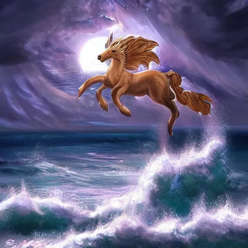 Image similar to a beautiful, celestial, oceanic drakopegasus rising from the sea toward the stars, fantasy art,