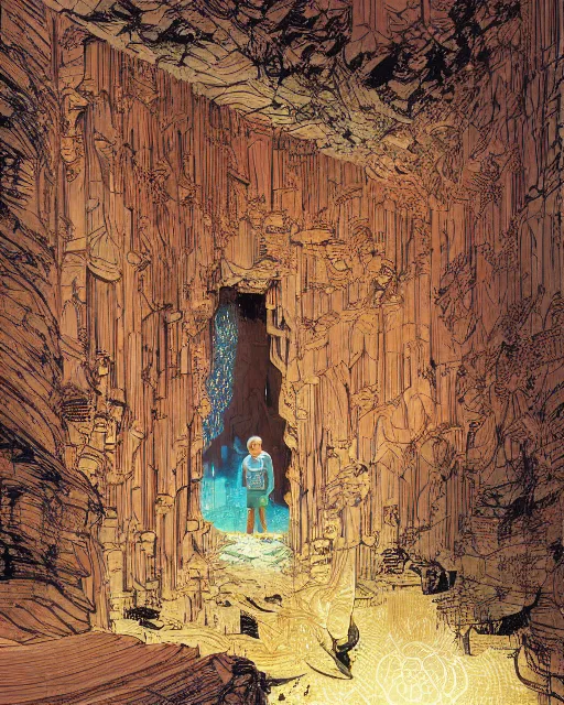 Image similar to a young boy opening a giant wooden door with archaic symbols embedded onto it, in a cave by the water, digital art, illustrated by james gurney and victo ngai