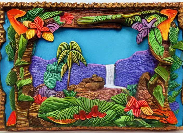 Image similar to colorized stylized bas relief sculpture of a tropical paradise with a waterfall and a detailed ornate frame in mexico folk art style