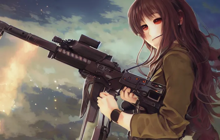 Image similar to under heavy fire, realistic face, infantry girl, anime style, symmetrical facial features long hair, hair down, explosions, wallpaper, from girls frontline, hyper realistic, pale skin, rule of thirds, extreme detail, 4 k, detailed drawing, trending artstation, realistic lighting, trading card, by alphonse mucha, greg rutkowski, sharp focus, backlit