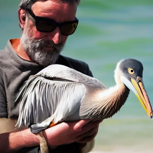 Image similar to man with a pelican and a pigeon for pets