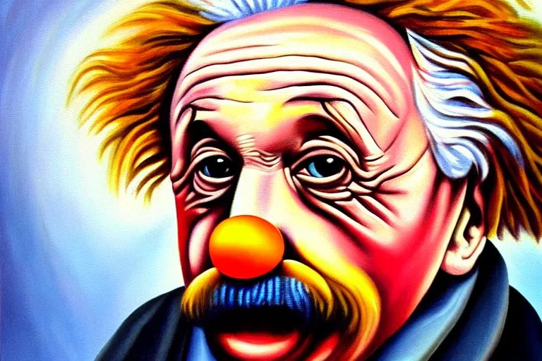 Image similar to Einstein as a clean-shaven sad hobo clown. head shot portrait. oil painting by emmett kelly.