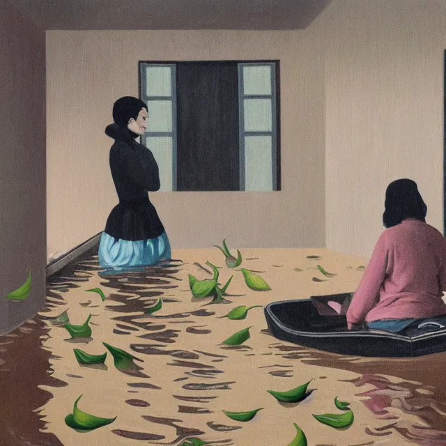 Image similar to tall female emo artist in her flooded kitchen, water gushing from ceiling, painting of flood waters inside an artist's home, a river flooding indoors, pomegranates, pigs, ikebana, zen, water, octopus, river, rapids, waterfall, black swans, canoe, berries, acrylic on canvas, surrealist, by magritte and monet