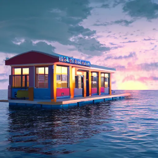 Image similar to a Walmart public restroom floating in the middle of the ocean, sunset, beautiful, ultra realistic digital art, 4k, cgsociety, HDR, Intricate, trending on artstation