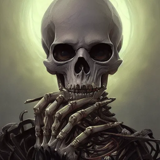 Image similar to portrait of an undead skeleton necromancer, D&D, fantasy, highly detailed, digital painting, artstation, smooth, sharp focus, illustration, art by artgerm and greg rutkowski and alphonse mucha