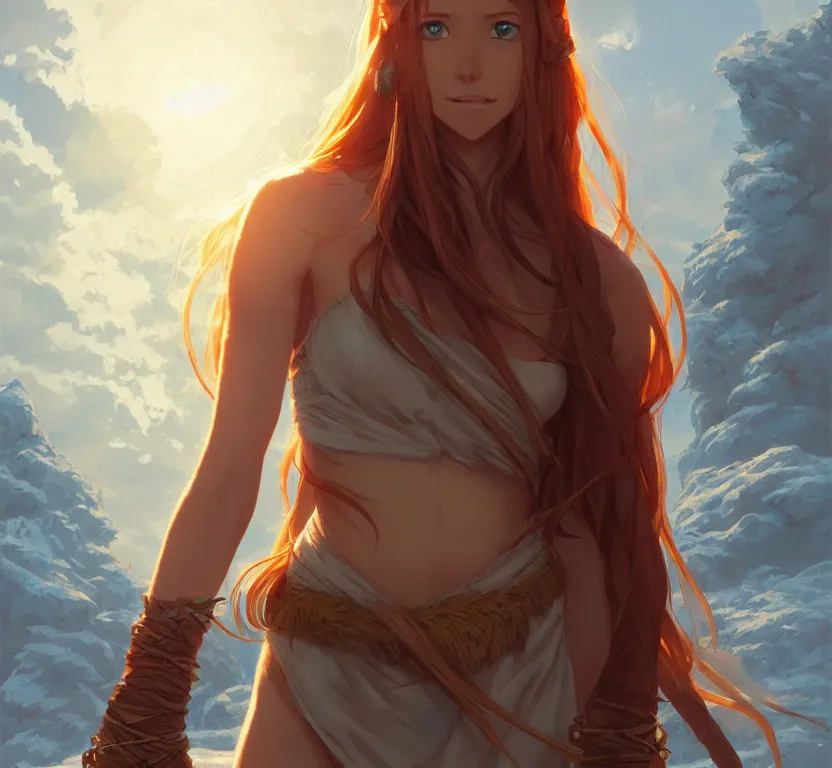 Prompt: long ginger hair, tanned woman in a prehistoric outfit, by artgerm, hair tied back, soft lighting, morning winter, by greg rutkowski makoto shinkai takashi takeuchi