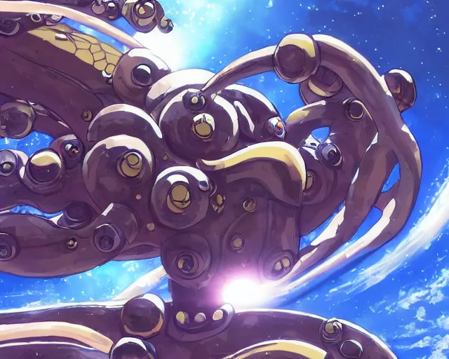 Prompt: beautiful picture of a giant octopus mecha, floating in space, anime style, art by Hajime Katoki, trending on artstation