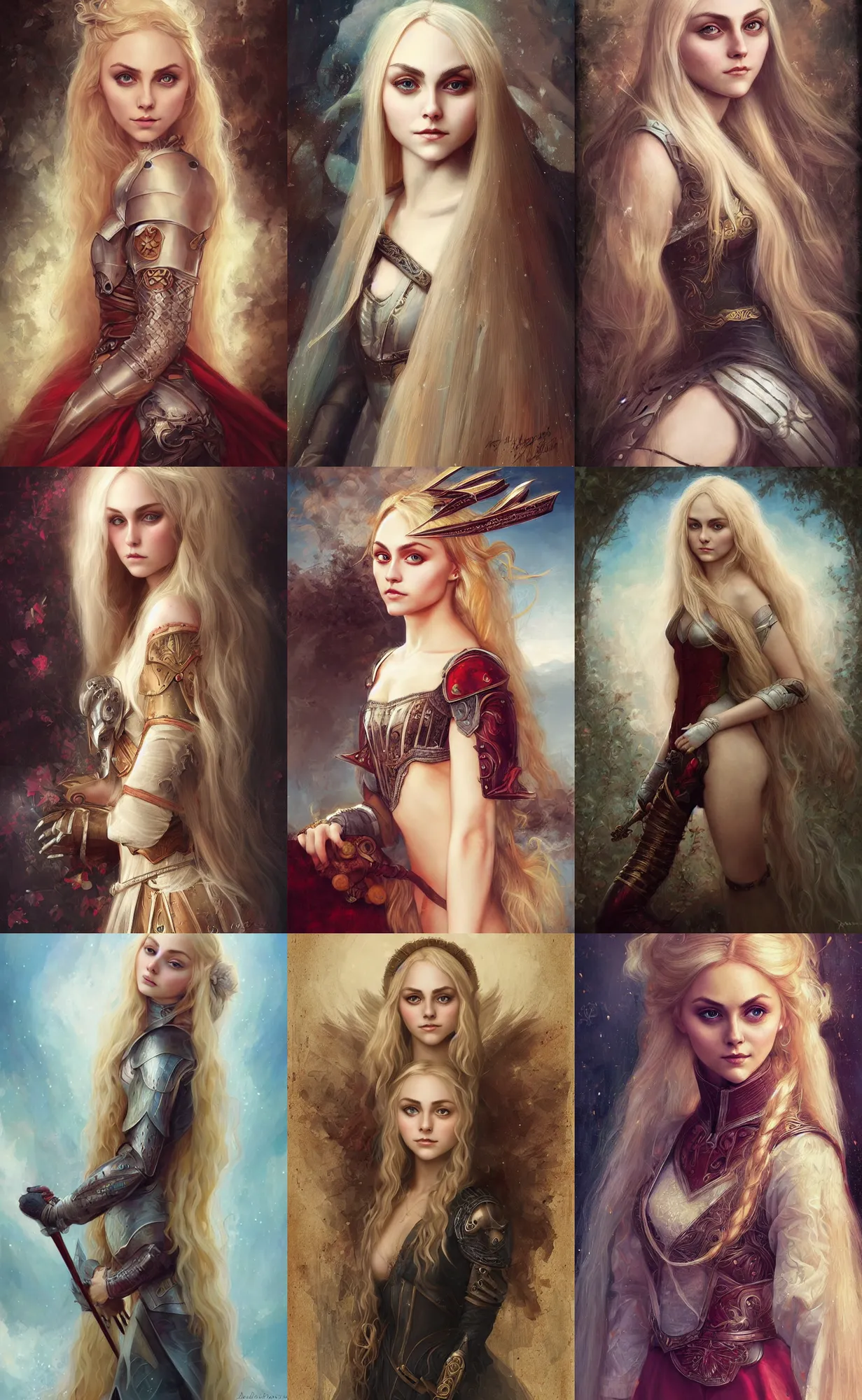 Prompt: portrait annasophia robb, long blond hair, medieval armour, anna dittmann, bouguereau