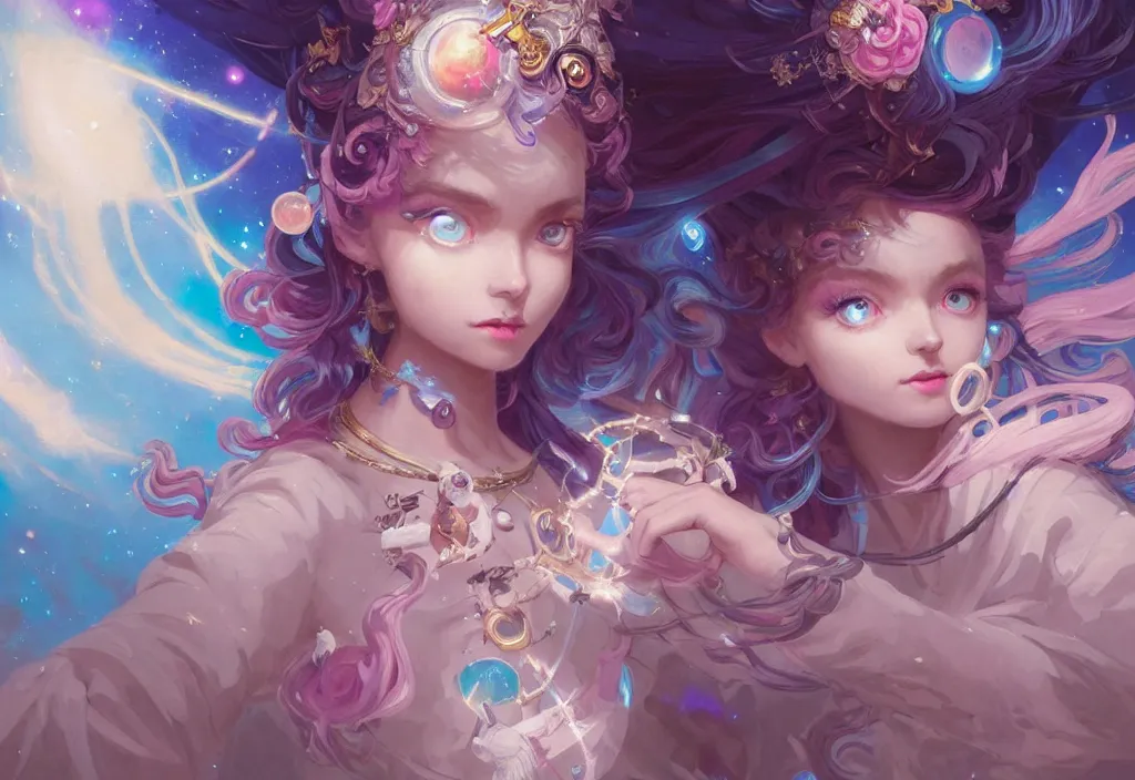 Image similar to close up picture of an maximalist dress magical girl, neat hair with bangs, smug face, fist to camera, extremely beautiful and aesthetic and detailed cute face and eyes, wipe out evils with cute astronaut familiar sprites, aming the magical beams, chiaroscuro, intricate, masterpiece, fantasy illustrations by peter mohrbacher and anato finnstark and jeremy lipking