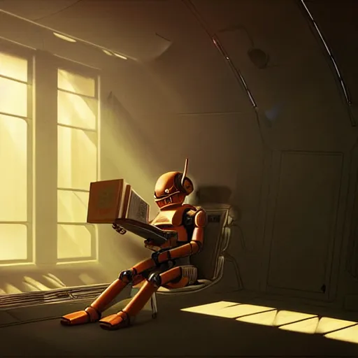 Image similar to digital painting of a droid robot reading a book, concept art, by Ralph mcquarrie, sunlight pouring through window, large scale, high detail, futuristic, godrays, volumetric lighting, warm lighting