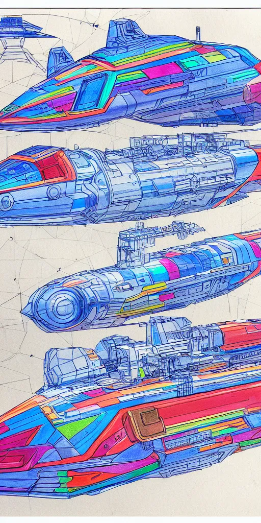 Image similar to blueprint of a spaceship, technical draw, concept art, extreme detail, 3 5 mm, colorful, nyan colors