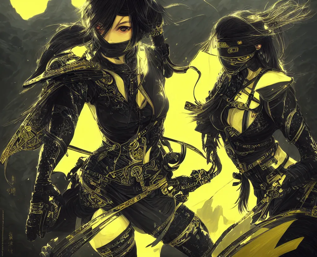 Image similar to portrait ninja gaiden girl, black plus yellow ninja wardrobe, at snowy fuji mountain sunrise, ssci - fi and fantasy, intricate and very very beautiful, detailed, digital painting, artstation, concept art, smooth and sharp focus, illustration, art by tian zi and wlop and alphonse mucha