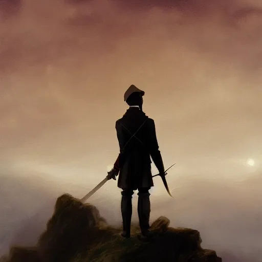 Prompt: dark-skinned man standing tall on a cliff fog clouds clothed in military uniform holding sword in the style of CASPAR DAVID FRIEDRICH techno atmosphere colourful beautiful image, brush strokes, pastel, artstation deviantart acrylic