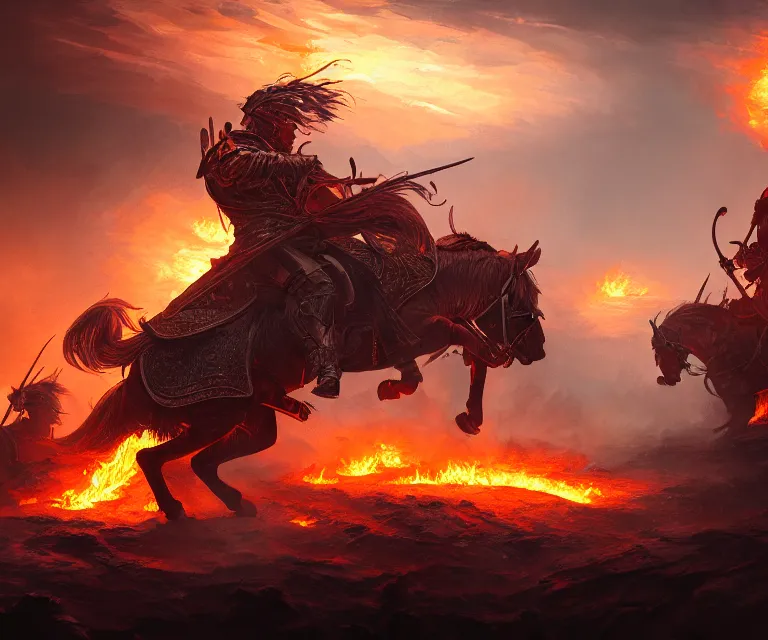 Image similar to battle of kings, fire and dust, action, dramatic lighting, intricate, wild, highly detailed, digital painting, artstation, concept art, smooth, sharp focus, illustration