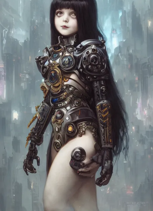 Image similar to portrait of cute little gothic girl child, warhammer 40000, cyberpunk, intricate, elegant, highly detailed, digital painting, artstation, concept art, smooth, sharp focus, illustration, art by artgerm and greg rutkowski and alphonse mucha and Gustav Klimt