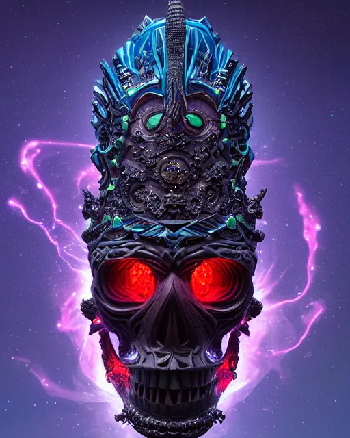 Image similar to 3 d ornate carved dark cosmic king with profile portrait, sigma 5 0 0 mm f / 5. beautiful intricate highly detailed quetzalcoatl skull. bioluminescent, plasma, lava, ice, water, wind, creature, thunderstorm! artwork by tooth wu and wlop and beeple and greg rutkowski, 8 k trending on artstation