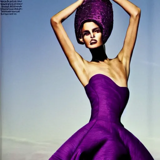 Prompt: editorial fashion tan skin super model in a couture gold and purple hues dress photography, from Vogue magazine Patrick Demarchelier