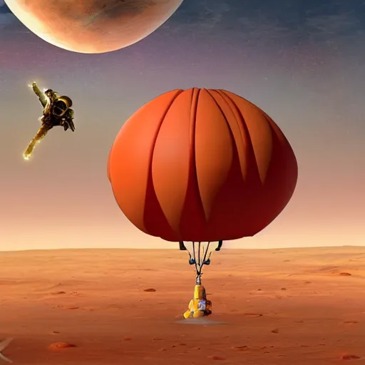 Image similar to a hybrid of an extraterrestrial with a monkey, landing in mars in a multi color hot air balon, by francis bancon