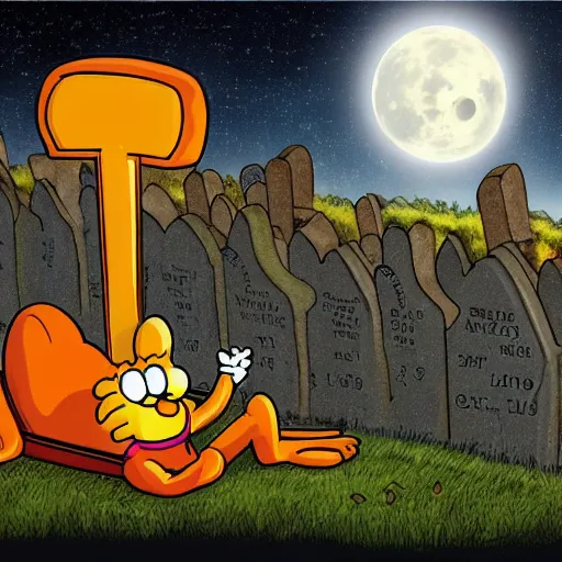 Prompt: Garfield eating lasagna in a cemetery, gravestone says Jon Arbuckle, full moon in background, starry sky with clouds, horror, spooky, photorealistic, 8k resolution,