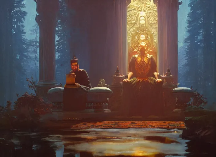 Prompt: wide view picture of a lord sitting on the thrones, lighting eyes, magic and fantasy, floating, highly detailed face, specular reflection, occlusion shadow, intricate, bokeh, masterpiece, by ilya kuvshinov and jeremy lipking and quentin mabille