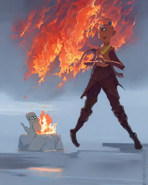 Image similar to [ [ squidward ] ] wearing fire nation clothing and practicing firebending outside at susnset, [ [ [ [ [ [ greg rutkowski ] ] ] ] ] ]