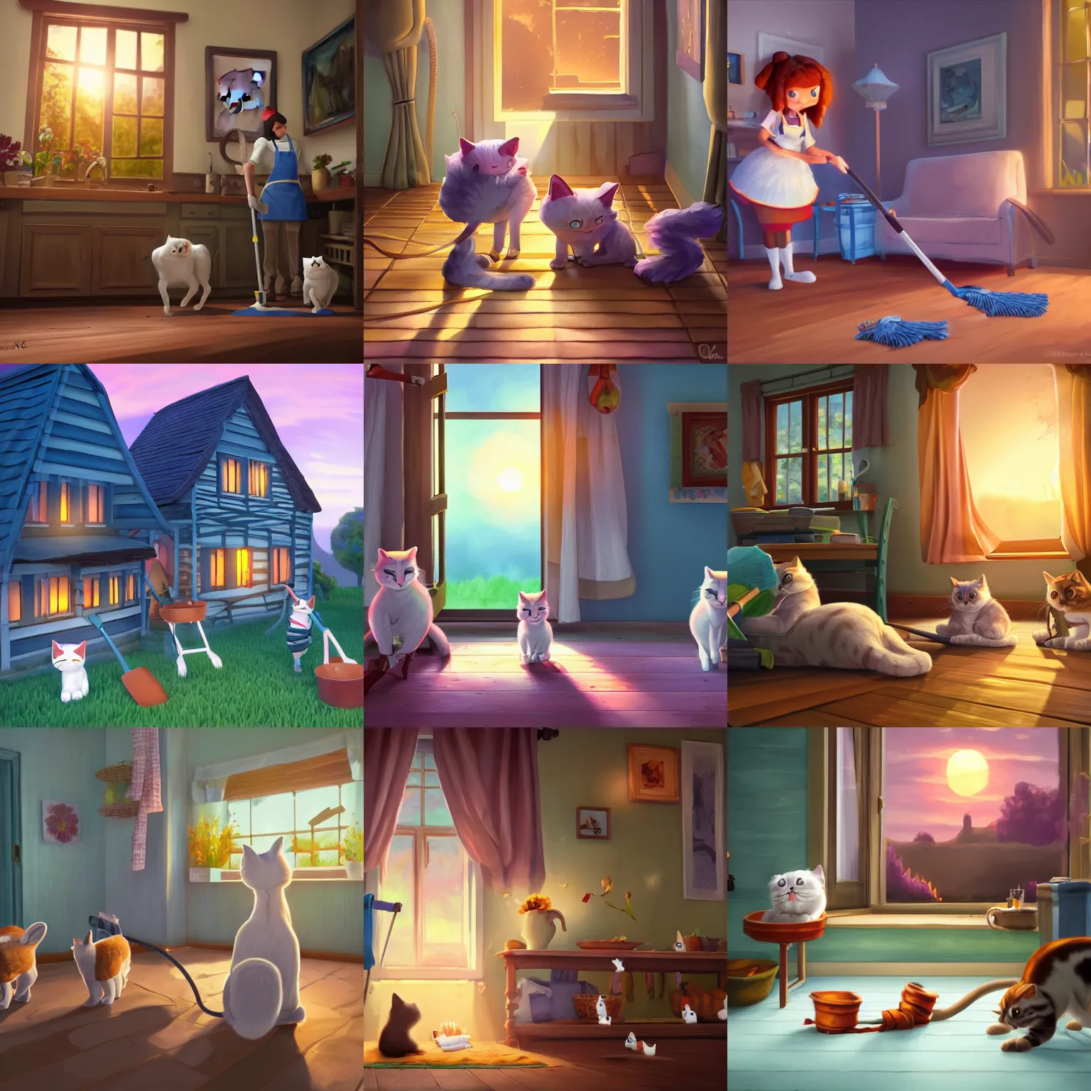 Prompt: cottagecore art of cats doing housework wearing aprons, art by Loish Van Baarle, animation key by Pixar and Disney, rendered in Unreal Engine 5, sharp, dramatic, bloom, lighting, sunset
