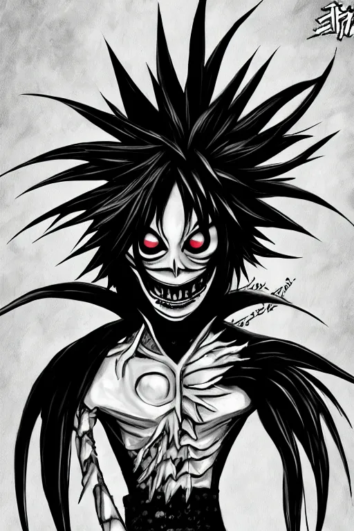 Image similar to the shinigami ryuk, highly detailed, digital art, sharp focus, trending on art station, death note, anime art style