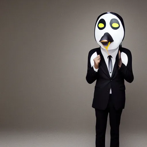 Prompt: Photo of a man in a suit wearing a latex mask of a penguin, dramatic lighting