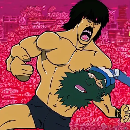 Image similar to hulk hogan hits a prone kenny g with his leg drop finisher, anime in the style of studio ghibli,